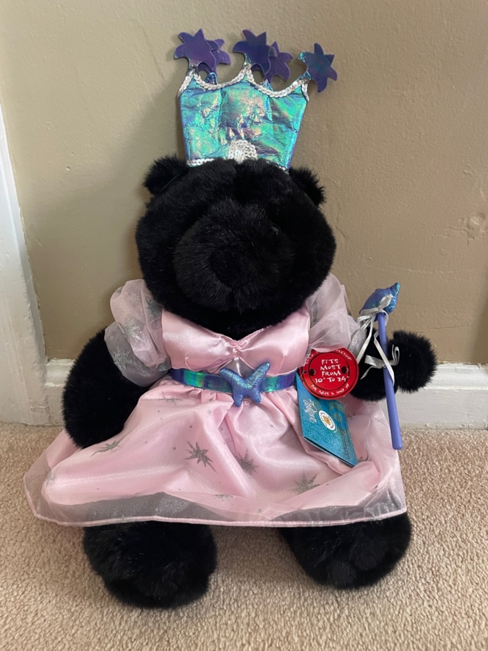 Build-A-Bear Black Glinda Bear in Pink Dress with Blue Crown